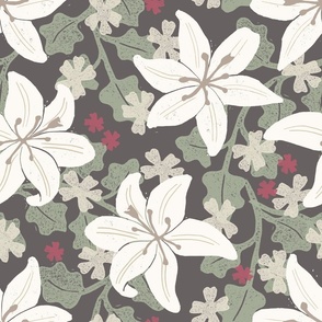 Muted Christmas Lilies Floral - Dark - Large Scale