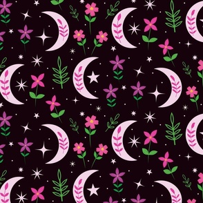  Boho moon pattern with pink flowers 