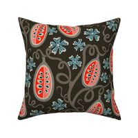 Ambrosia Fantasy Floral Botanical with Fun Melon Fruit in Coral and Earth Tones on Dark Brown - MEDIUM Scale - UnBlink Studio by Jackie Tahara