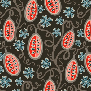 Ambrosia Fantasy Floral Botanical with Fun Melon Fruit in Coral and Earth Tones on Dark Brown - MEDIUM Scale - UnBlink Studio by Jackie Tahara