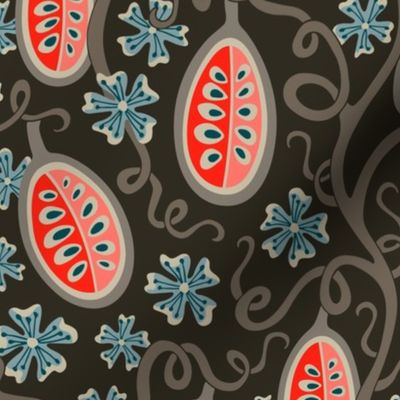 Ambrosia Fantasy Floral Botanical with Fun Melon Fruit in Coral and Earth Tones on Dark Brown - SMALL Scale - UnBlink Studio by Jackie Tahara