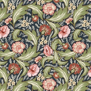 Victorian Melody- Garden Florals- Salmon Pink Redwood Isabelline Artichoke on Gunmetal Dark Cyan Blue- Regular Scale