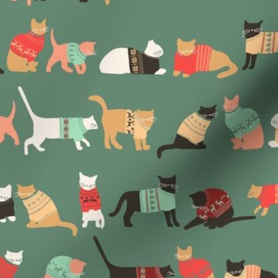 Rows of Cats in Holiday Sweaters x Evergreen