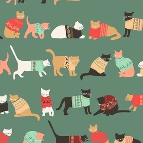 Rows of Cats in Holiday Sweaters x Evergreen
