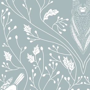 Damask with deer, birds and leaves off white on light winter blue - large scale