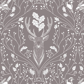 Damask with deer, birds and leaves off white on brown - medium scale
