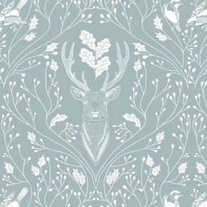 Damask with deer, birds and leaves off white on light winter blue - medium scale