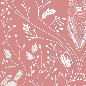 Damask with deer, birds and leaves off white on pink - large scale