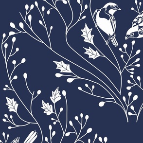 Damask with birds and flowers on navy blue - large scale