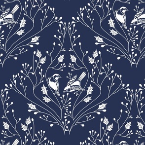 Damask with birds and flowers on navy blue - medium scale