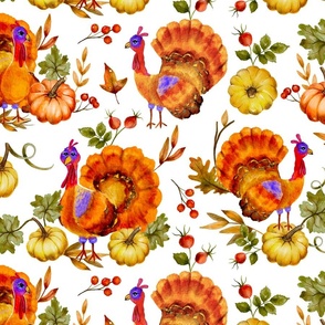 Turkey pumpkin detailed watercolor thanksgiving pattern