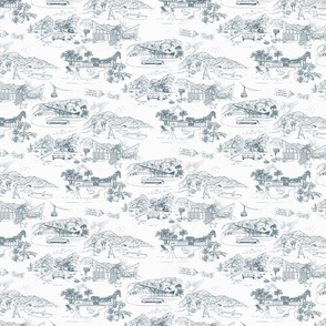 PALM SPRINGS MID-CENTURY TOILE - MUTED GRAY-BLUE ON WHITE, SMALL SCALE