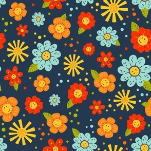 Large Scale Happy Day Smile Face Flowers and Sunshine on Navy