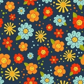 Medium Scale Happy Day Smile Face Flowers and Sunshine on Navy
