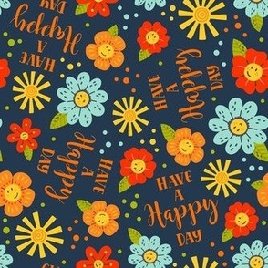 Medium Scale Have a Happy Day Smile Face Flowers and Sunshine on Navy