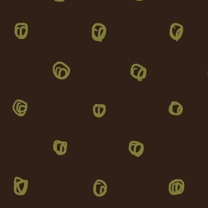 (S) Squiggly Circles in Geometric Rows Columns Green on Dark Brown