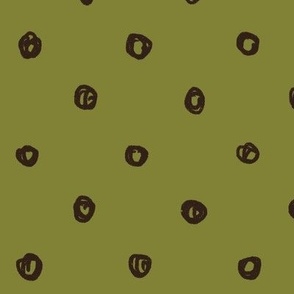 (S) Squiggly Circles in Geometric Rows and Columns Dark Brown on Green