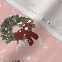 Classic Evergreen Christmas Holiday Wreath with Red Bow and Pink background