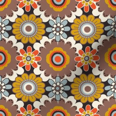 70´s  Vintage Colourful Retro Tile Pattern  - Orange, Mint, Soft Pink and White -  Brown, light blue, Mustard and orange