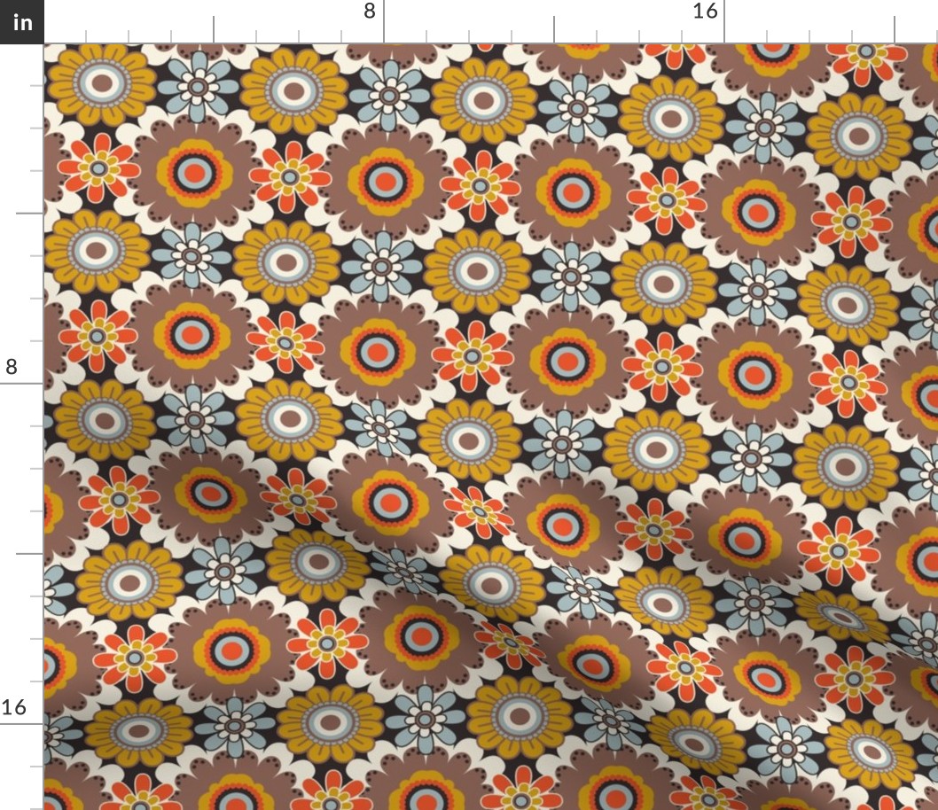 70´s  Vintage Colourful Retro Tile Pattern  - Orange, Mint, Soft Pink and White -  Brown, light blue, Mustard and orange