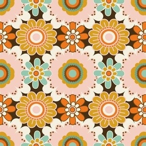 70´s  Vintage Colourful Retro Tile Pattern  - Orange, Mint, Soft Pink and White - Mid Size