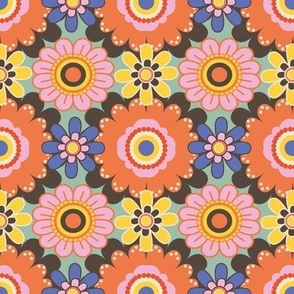 70´s  Vintage Colourful Retro Tile Pattern  - Orange, orange, yellow , mint,  pink and turquoise