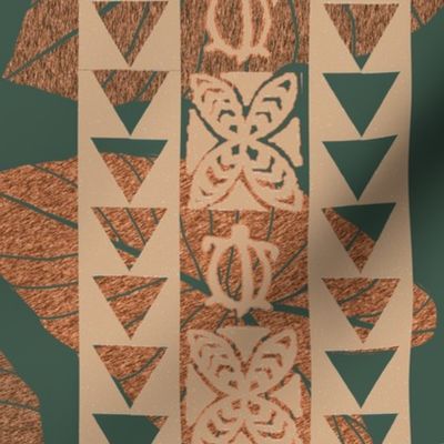 textile-Tapa Petroglyph reverse design-copper and deep turquoise