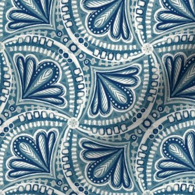 Dark Blue, Teal and Off White Textured Fan Tessellations - medium