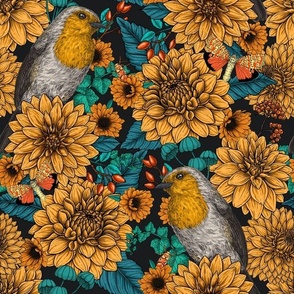 Robins in the autumn garden, yellow dahlia, blue leaves
