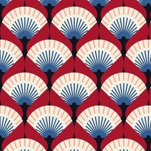Medium-scale fan stylization in Art Deco, White-blue on a red background