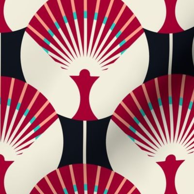 Large-scale fan stylization in Art Deco, Red on black background