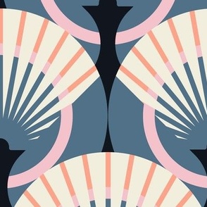 Very Large-scale fan stylization in Art Deco, Beige-pink on a gray-blue background