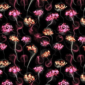 Fluorescent Flower Stringy Umbellifer - M - Pink Orange Yellow Black - Otherworldly Botanicals - Outer Space - Cosmic Flora - Modern Seamless Flower Pattern