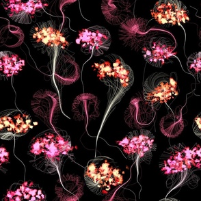 Fluorescent Flower Stringy Umbellifer - L - Pink Orange Yellow Black - Otherworldly Botanicals - Outer Space - Cosmic Flora - Modern Seamless Flower Pattern