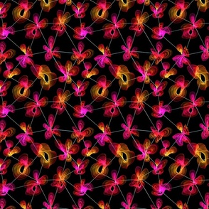 Extraterrestrial Orchids In Holographic Grid - S - Red Pink Orange Yellow Black - Otherworldly Botanicals - Space Museum Exhibition - Contemporary Art- Modern Cosmic Seamless Pattern