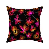 Extraterrestrial Orchids In Holographic Grid - M - Red Pink Orange Yellow Black - Otherworldly Botanicals - Space Museum Exhibition - Contemporary Art- Modern Cosmic Seamless Pattern