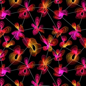 Extraterrestrial Orchids In Holographic Grid - M - Red Pink Orange Yellow Black - Otherworldly Botanicals - Space Museum Exhibition - Contemporary Art- Modern Cosmic Seamless Pattern