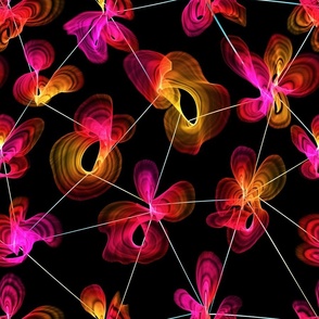 Extraterrestrial Orchids In Holographic Grid - L - Red Pink Orange Yellow Black - Otherworldly Botanicals - Space Museum Exhibition - Contemporary Art- Modern Cosmic Seamless Pattern