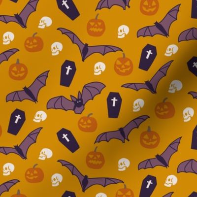Halloween pumpkin bats coffins skulls