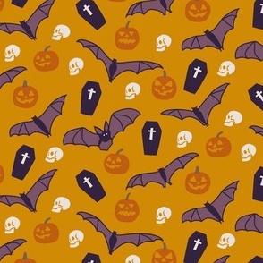 Halloween pumpkin bats coffins skulls