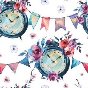 Vintage Clock, Garland and Flowers on White