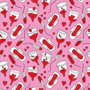 The funny feminist - normalize periods - period cup tampons and sanitary pads with blood and hearts red pink