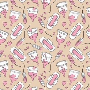 The funny feminist - normalize periods - period cup tampons and sanitary pads with blood and hearts pink white on blush beige