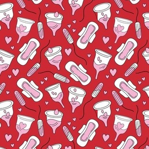 The funny feminist - normalize periods - period cup tampons and sanitary pads with blood and hearts pink white on red