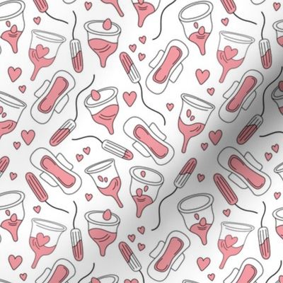 The funny feminist - normalize periods - period cup tampons and sanitary pads with blood and hearts pink blush on white