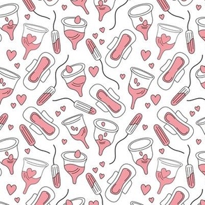 The funny feminist - normalize periods - period cup tampons and sanitary pads with blood and hearts pink blush on white