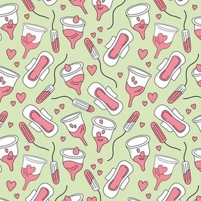 The funny feminist - normalize periods - period cup tampons and sanitary pads with blood and hearts pink blush on lime green
