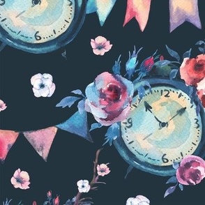 Vintage Floral Clock on Black