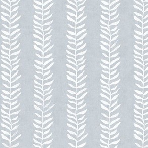 Botanical Block Print, White on Silver Mist | Leaf pattern fabric from original block print, neutral decor, block printed plant fabric, gray fabric, gray and white.