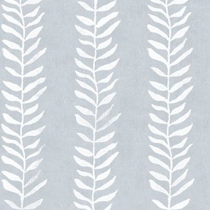 Botanical Block Print, White on Silver Mist (large scale) | Leaf pattern fabric from original block print, neutral decor, block printed plant fabric, gray fabric, gray and white.